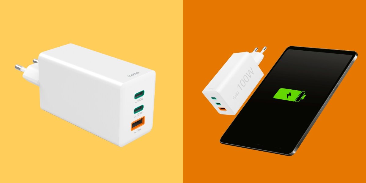 Ładowarka sieciowa HAMA 100W GaN PD/QC, 2x USB-C, 1x USB-A Prezentacja transmitera z dwóch perspektyw: widok z profilu z białym logo Hama oraz widok na panel sterujący z przyciskami nawigacyjnymi.