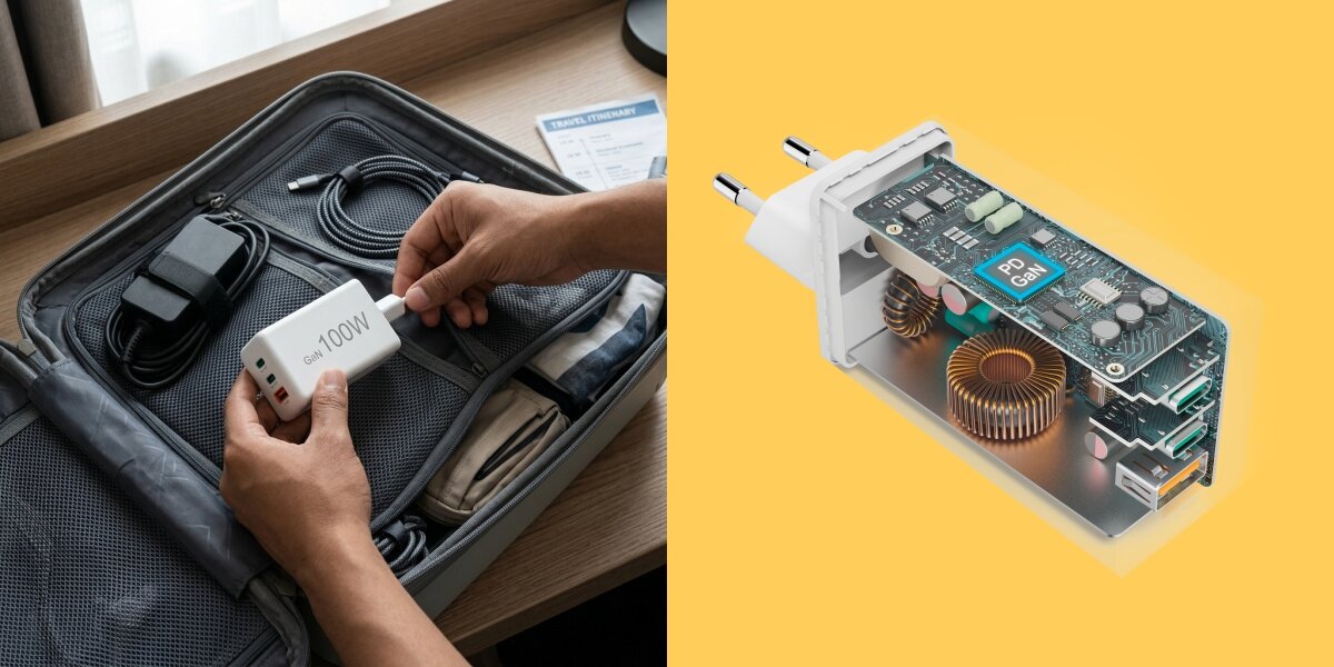 Ładowarka sieciowa HAMA 100W GaN PD/QC, 2x USB-C, 1x USB-A Infografika pokazująca kompatybilność z nośnikami pamięci: karta microSD 32 GB oraz dwa rodzaje pendrive'ów USB o tej samej pojemności.