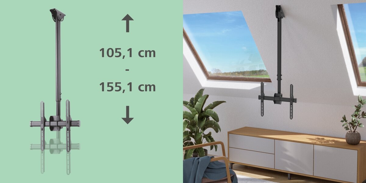 Obraz przedstawia czarny uchwyt sufitowy z regulowaną wysokością od 105,1 cm do 155,1 cm. Uchwyt zamontowany jest w jasnym pomieszczeniu z dużymi oknami dachowymi i nowoczesnym wnętrzem.