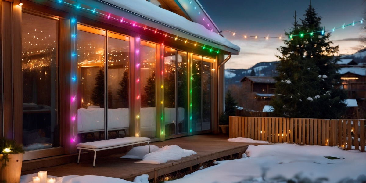 Drewniany taras domu ozdobiony jest kolorowymi łańcuchami świetlnymi LED, które tworzą świąteczną atmosferę. W tle widać ośnieżony krajobraz z drzewami i górami.