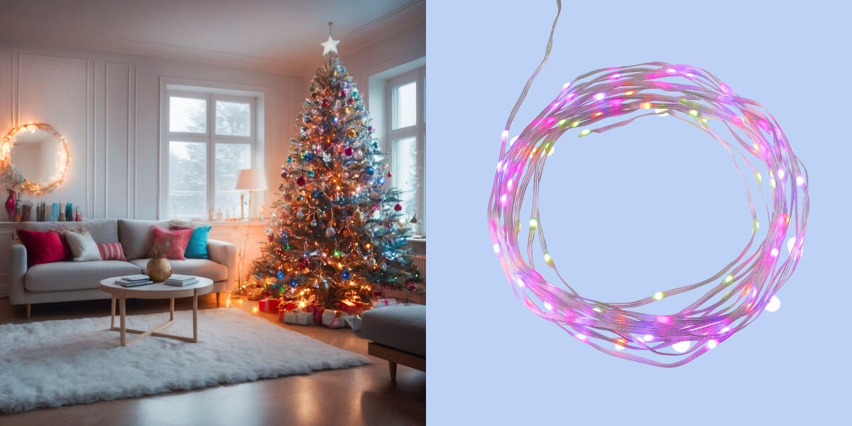 Po lewej stronie znajduje się udekorowany pokój z choinką ozdobioną światełkami i bombkami. Po prawej stronie widoczny jest zwinięty łańcuch świetlny LED z kolorowymi diodami na jasnym tle.