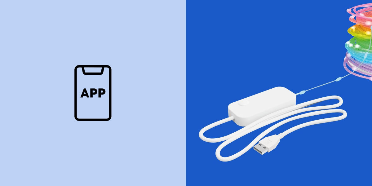 Po lewej stronie ikona aplikacji z napisem \'APP\' na jasnoniebieskim tle. Po prawej stronie biały kontroler z kablem USB oraz kolorowy łańcuch świetlny na niebieskim tle.