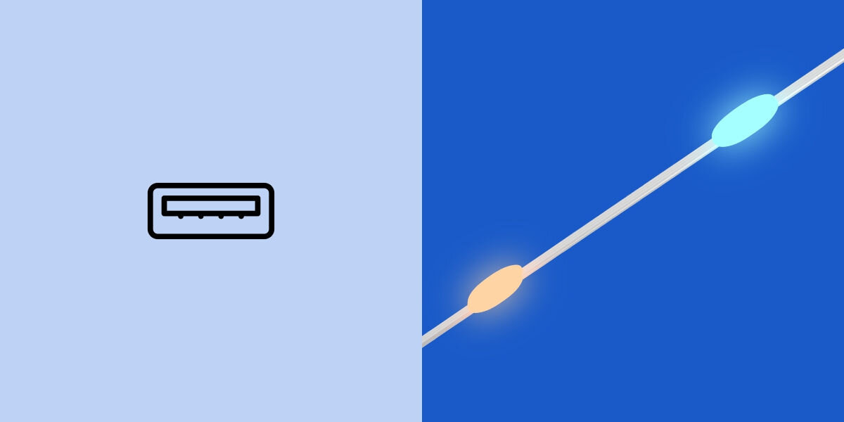 Obraz podzielony na dwie części: po lewej stronie ikona portu USB na jasnoniebieskim tle, po prawej stronie łańcuch świetlny z dwoma świecącymi diodami LED w kolorach pomarańczowym i niebieskim na ciemnoniebieskim tle.