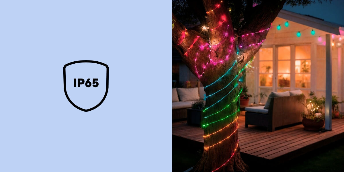 Po lewej stronie znajduje się symbol tarczy z napisem \'IP65\' na jasnoniebieskim tle. Po prawej stronie drzewo owinięte jest kolorowym łańcuchem świetlnym, a w tle widać oświetlony taras z meblami ogrodowymi.