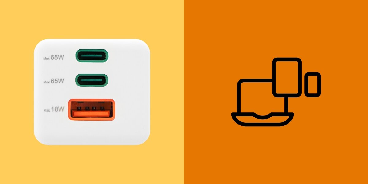 Obraz przedstawia białą ładowarkę z trzema portami: dwa zielone oznaczone jako Max 65W i jeden pomarańczowy oznaczony jako Max 18W. Obok znajduje się czarny symbol urządzeń elektronicznych na pomarańczowym tle.