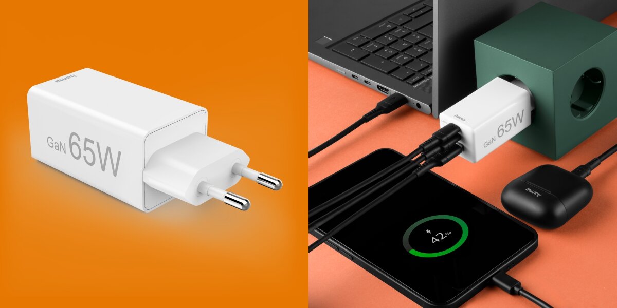 Na obrazie widoczna jest biała ładowarka sieciowa z napisem \'GaN 65W\'. Obok ładowarki podłączone są różne urządzenia elektroniczne, w tym laptop i smartfon z widocznym wskaźnikiem ładowania.