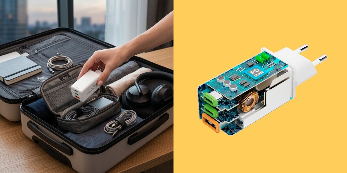 Po lewej stronie osoba wkłada białą ładowarkę do torby podróżnej, w której znajdują się słuchawki i kable. Po prawej stronie widoczny jest przekrój ładowarki z widocznymi komponentami elektronicznymi na żółtym tle.