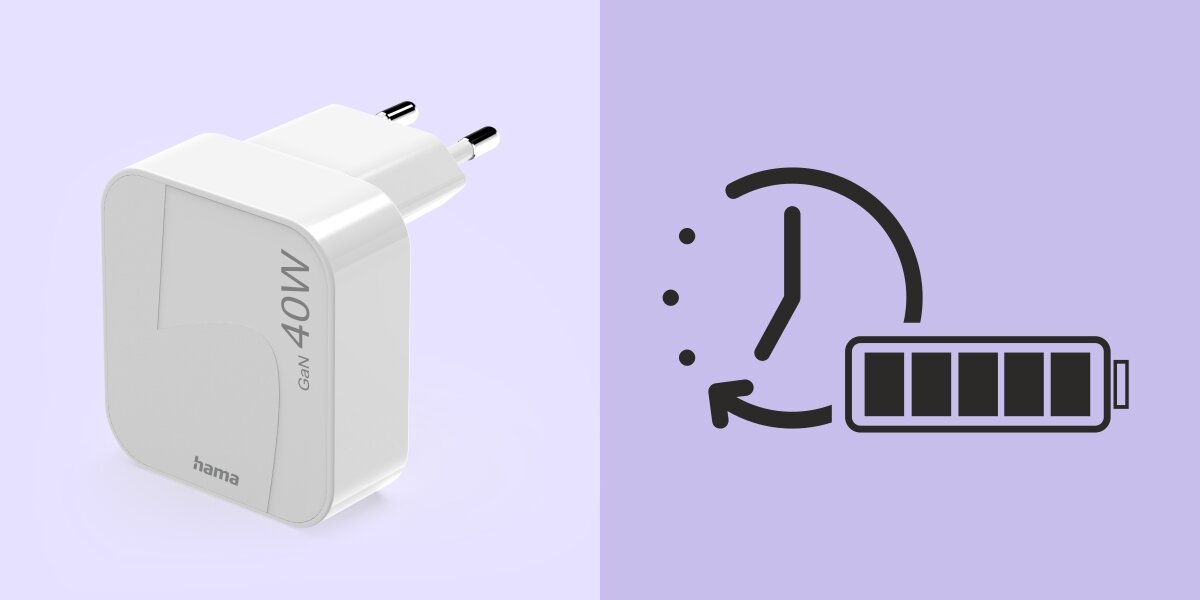 Ładowarka sieciowa HAMA składana GaN PD/QC 40W - Szybkie ładowanie 40 W, Quick Charge 2.0/3.0, ładowarka na fioletowym tle