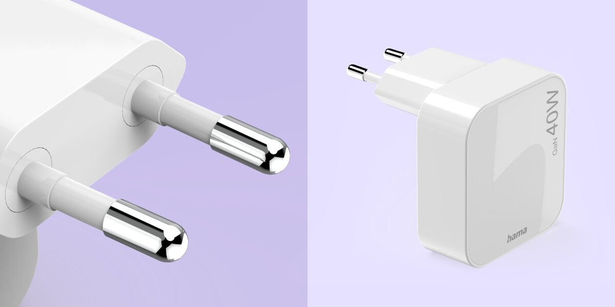 Ładowarka sieciowa HAMA składana GaN PD/QC 40W - Technologia GaN, niska emisja ciepła, ładowarka na fioletowym tle