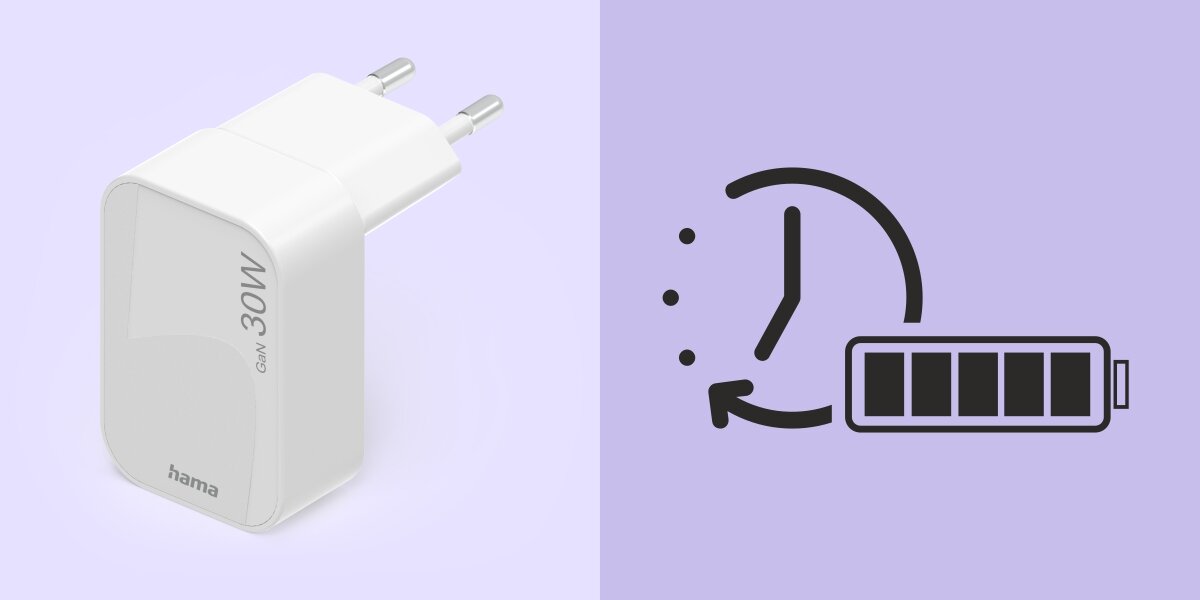 Ładowarka sieciowa HAMA składana GaN PD/QC 30W - Szybkie ładowanie 30 W, >Quick Charge 2.0/3.0, ładowarka na fioletowym tle