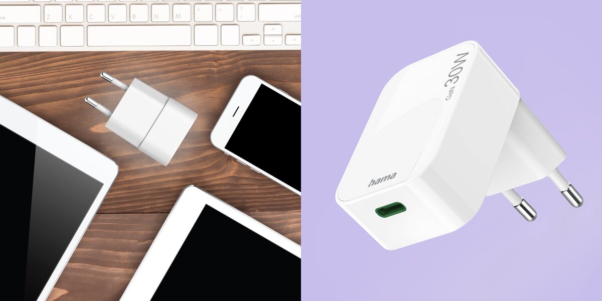 Ładowarka sieciowa HAMA składana GaN PD/QC 30W - Uniwersalne zastosowanie, USB-C, praca w zakresie 100–240 V, ładowarka leżąca na blacie obok tabletów oraz smartfona