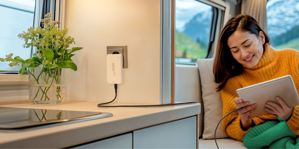 Ładowarka sieciowa HAMA składana 65W GaN 2x USB-C, 1x USB-A Zbliżenie na dłoń trzymającą czarny transmiter FM marki Hama z widocznym podświetlanym na niebiesko wyświetlaczem LED i dwoma portami USB.