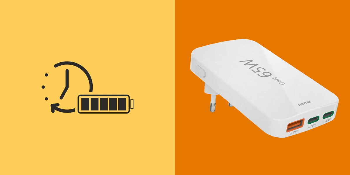 Ładowarka sieciowa HAMA składana 65W GaN 2x USB-C, 1x USB-A Dwupanelowy obraz: po lewej transmiter FM Hama na jasnym tle, po prawej urządzenie wpięte do gniazda zapalniczki w samochodzie z podłączonym kablem USB.
