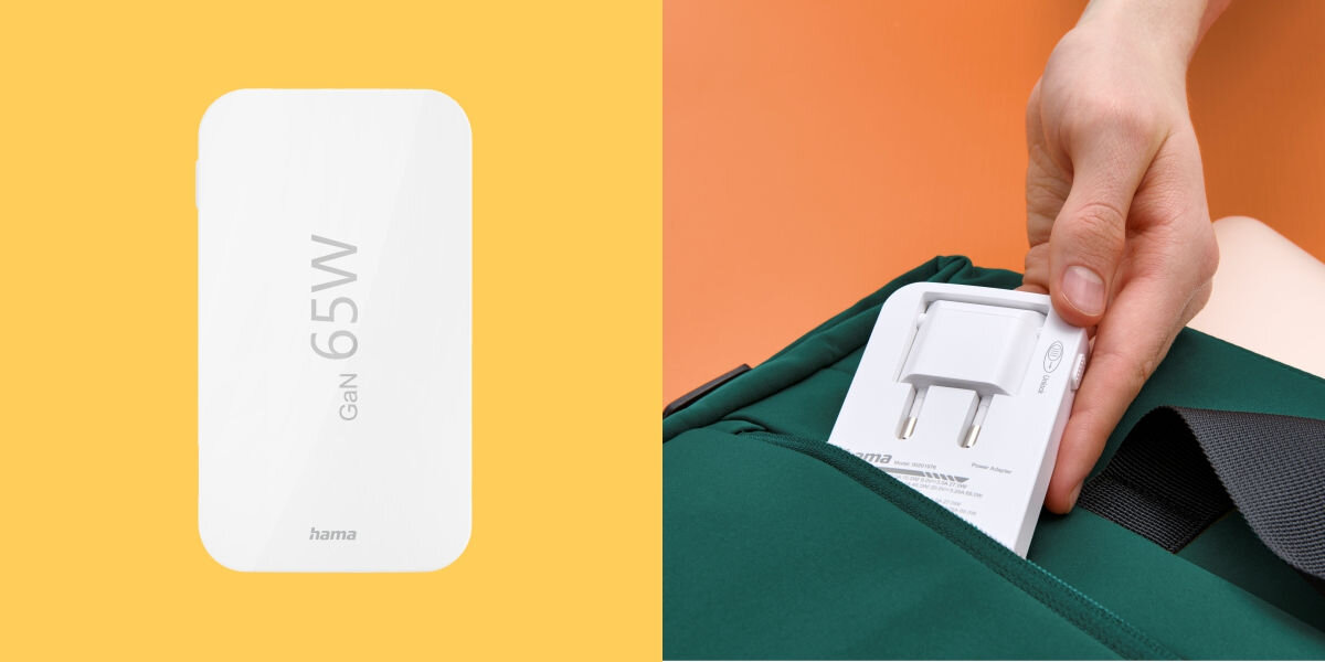 Ładowarka sieciowa HAMA składana 65W GaN 2x USB-C, 1x USB-A Porównanie dwóch widoków urządzenia: profil boczny z logo Hama oraz widok od frontu prezentujący przyciski sterujące i gniazda USB.