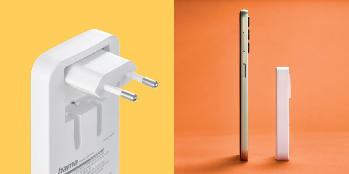 Ładowarka sieciowa HAMA składana 65W GaN 2x USB-C, 1x USB-A Infografika pokazująca kompatybilność transmitera z różnymi źródłami pamięci: pendrive USB oraz karta microSD (oba o pojemności do 32 GB).