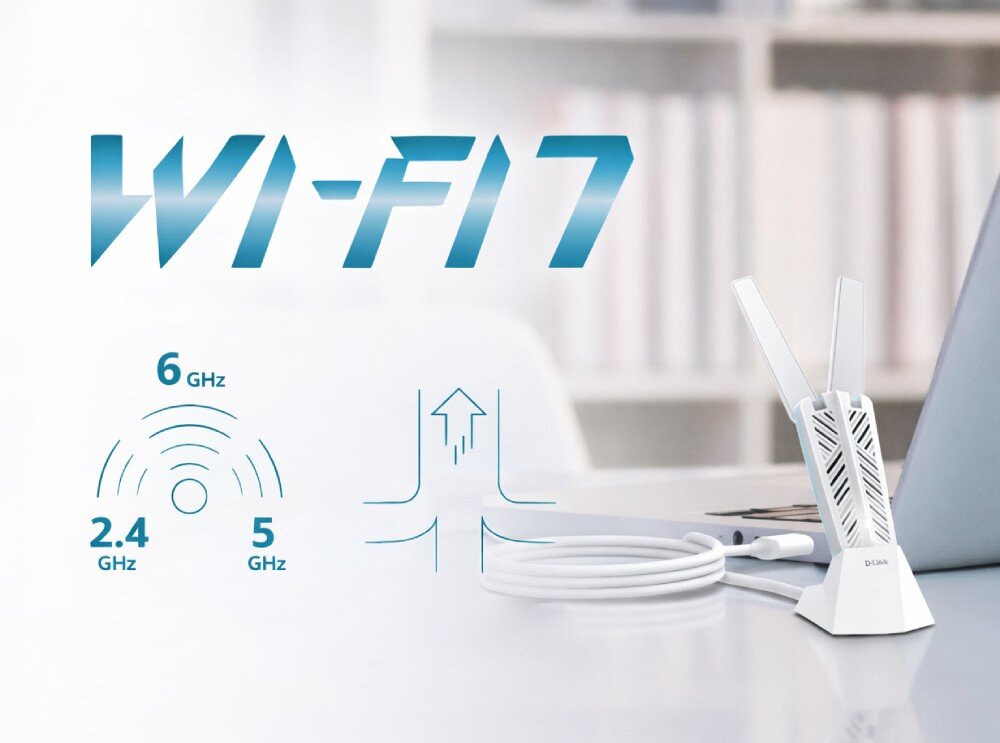 Karta sieciowa D-LINK AE65U Grafika z dużym napisem 'WI-FI 7' oraz ikonami częstotliwości 2.4 GHz, 5 GHz i 6 GHz, obok których widoczna jest biała karta sieciowa w podstawce podłączona kablem do laptopa