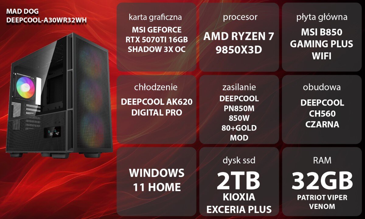 Komputer MAD DOG DEEPCOOL-A30WR32WH Grafika przedstawiająca specyfikację komputera, z podziałem na podzespoły. W lewej części znajduje się model komputera, a obok niego informacje o podzespołach, opis