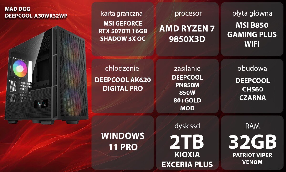 Komputer MAD DOG DEEPCOOL-A30WR32WP Grafika przedstawiająca specyfikację komputera, z podziałem na podzespoły. W lewej części znajduje się model komputera, a obok niego informacje o podzespołach, opis