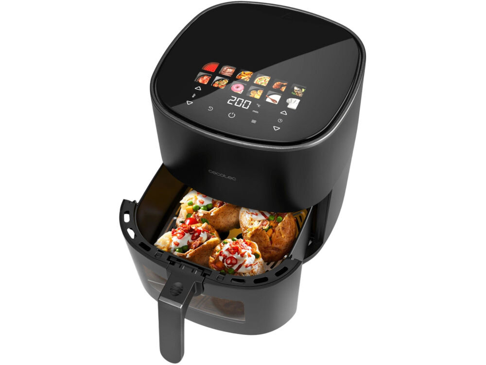 Air Fryer Frytkownica beztłuszczowa CECOTEC CecoFry&Grill Duoheat 6500 3W1 z podwójną grzałką frytkownica stoi bokiem czarna obudowa otwarty kosz wewnątrz potrawa na górze panel dotykowy wyświetlacz ilustracje białe tło technologia pieczenia 3D otaczanie potraw gorącym powietrzem jedzenie przypieczone z każdej strony zachowuje soczystość podwójny system grzewczy Wbudowany termostat dostosowanie temperatury od 40 do 200°C dopasowanie ustawień wygoda zdrowy sposób gotowania