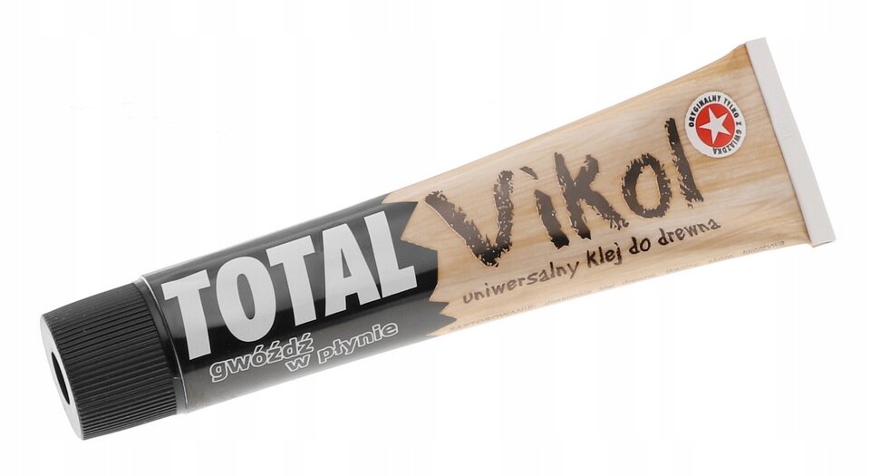 Na obrazie widoczna jest tubka kleju z napisem \'TOTAL gwóźdź w płynie Vikol uniwersalny klej do drewna\'.