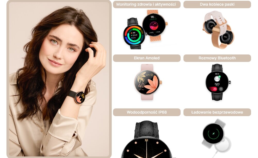 Smartwatch FOREVER Forevive 5 SB-365 ekran bateria czujniki zdrowie sport pasek ładowanie pojemność rozdzielczość łączność sterowanie krew puls rozmowy smartfon aplikacja