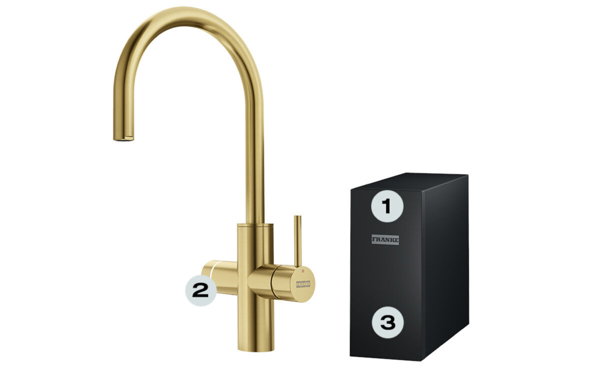 BATERIA FRANKE MYTHOS WATER HUB ALL IN ONE Bateria z systemem filtracji i modułem podblatowym oznaczonym numerami. Zestaw elementów instalacji filtr startowy nabój CO2 zestaw bateria Franke 4 opcje wody filtrowanej system one box