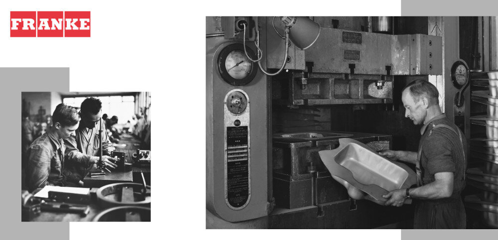 BATERIA FRANKE MYTHOS WATER HUB ALL IN ONE Archiwalne zdjęcia produkcji Franke z widocznymi maszynami i pracą w fabryce. Nawiązanie do historii i doświadczenia marki Franke innowacje systemy kuchenne szwajcarska jakość AGD