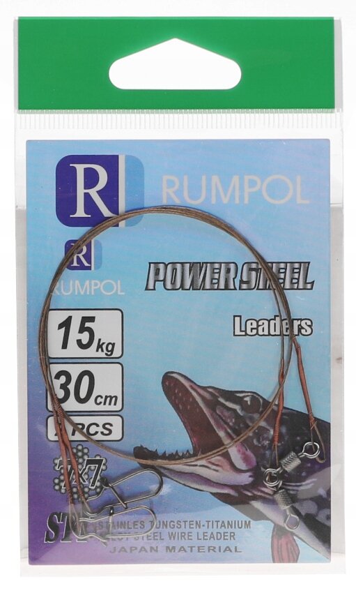 Opakowanie produktu z napisem \'RUMPOL POWER STEEL Leaders\', zawierające przypony wolframowe o wytrzymałości 15 kg i długości 30 cm. Widoczny jest również obrazek ryby oraz tekst \'STAINLESS TUNGSTEN-TITANIUM STEEL WIRE LEADER JAPAN MATERIAL\'.