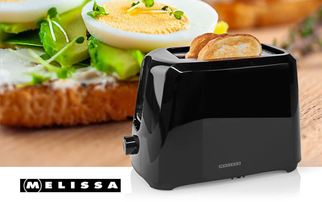Toster MELISSA 16140149 Czarny Szybkie tosty co rano moc w kilka chwil gdy rano liczysz każdą minutę 2 kromki pieczywa Równomierne grzanie 