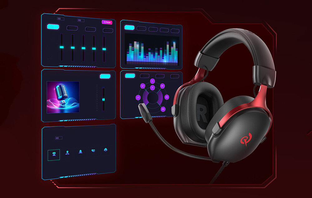 Na obrazie widoczne są czarno-czerwone słuchawki z mikrofonem oraz interfejs z różnymi wykresami i ikonami. Logo producenta jest widoczne na nausznikach słuchawek.