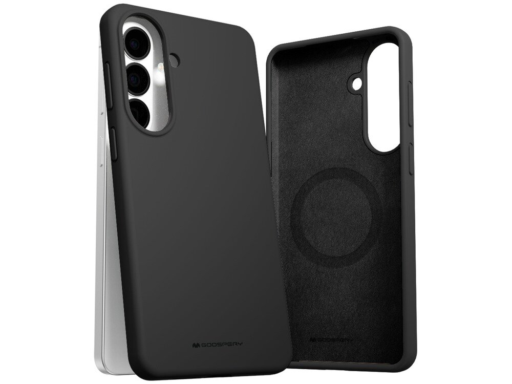Czarne etui na telefon z trzema wycięciami na aparaty i logo \'GOOSPERY\' na dole. Wnętrze etui ma okrągły wzór wskazujący na kompatybilność z MagSafe.