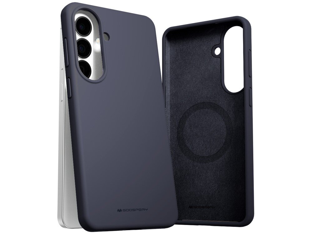 Granatowe etui na telefon z trzema wycięciami na aparaty i logo \'GOOSPERY\' na dole. Wnętrze etui ma okrągły wzór wskazujący na kompatybilność z MagSafe.
