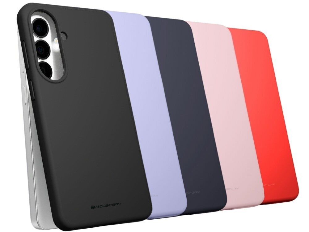 Na obrazie widoczne są cztery etui na telefon w różnych kolorach: czarnym, fioletowym, różowym i czerwonym. Na czarnym etui znajduje się logo \'GOOSPERY\'.