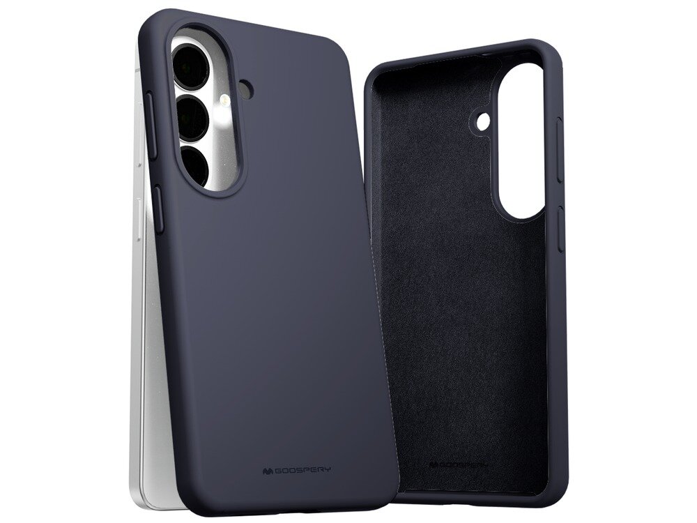 Na obrazie widoczne są dwa granatowe etui na telefon, jedno z przodu, drugie z tyłu. Na etui znajduje się logo \'GOOSPERY\'.