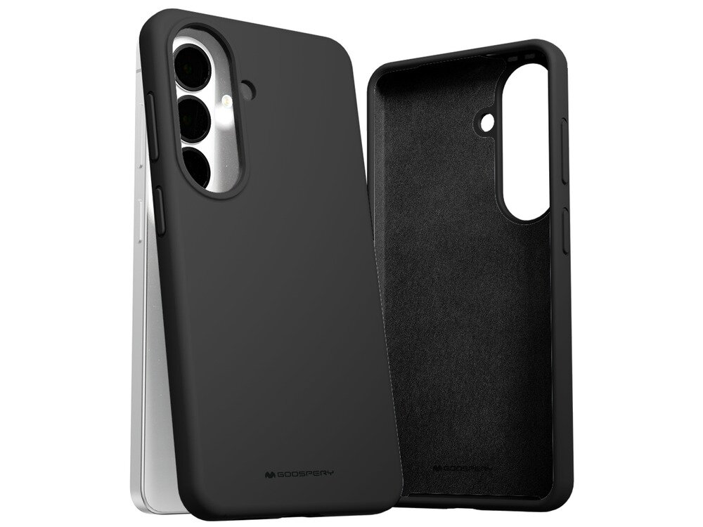 Czarne etui silikonowe z wycięciami na aparat i przyciski, widoczne z przodu i z tyłu. Na dole etui znajduje się logo \'MERCURY\'.