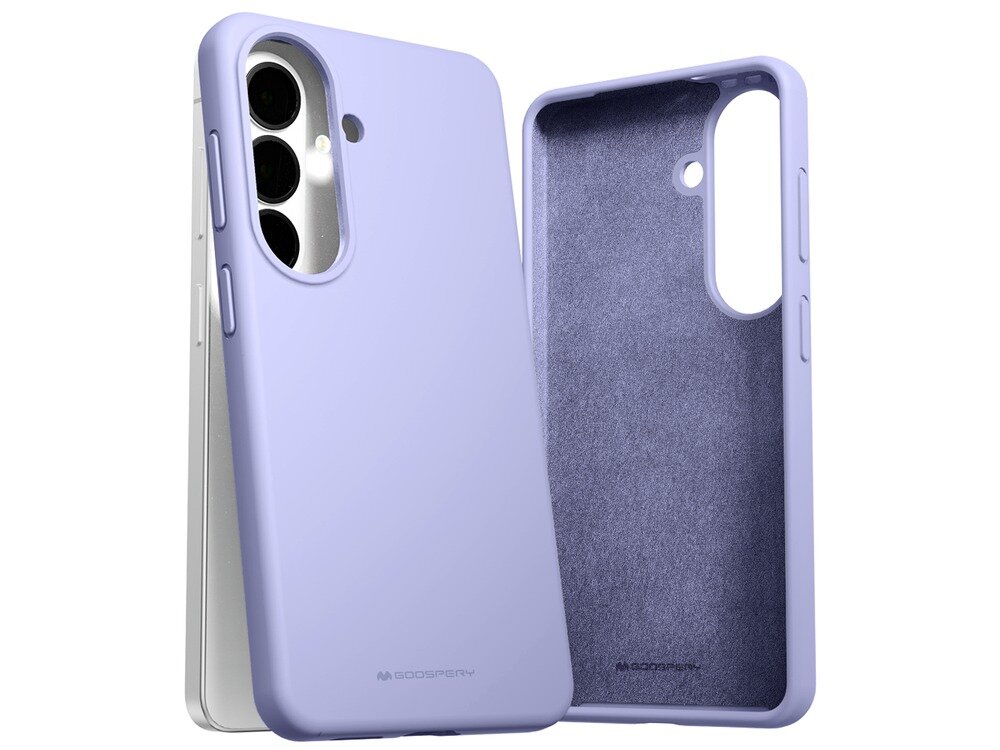 Na obrazie widoczne są dwa lawendowe etui na telefon, jedno zewnętrzne i jedno wewnętrzne, z logo \'GOOSPERY\' na dole. Etui mają wycięcia na aparat i przyciski boczne.