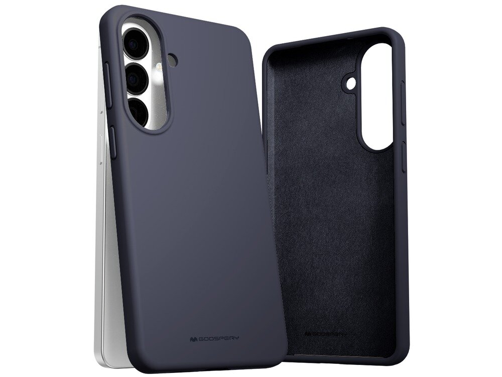 Na obrazie widoczne jest granatowe etui na telefon z trzema wycięciami na aparaty. Na etui znajduje się logo \'GOOSPERY\'.