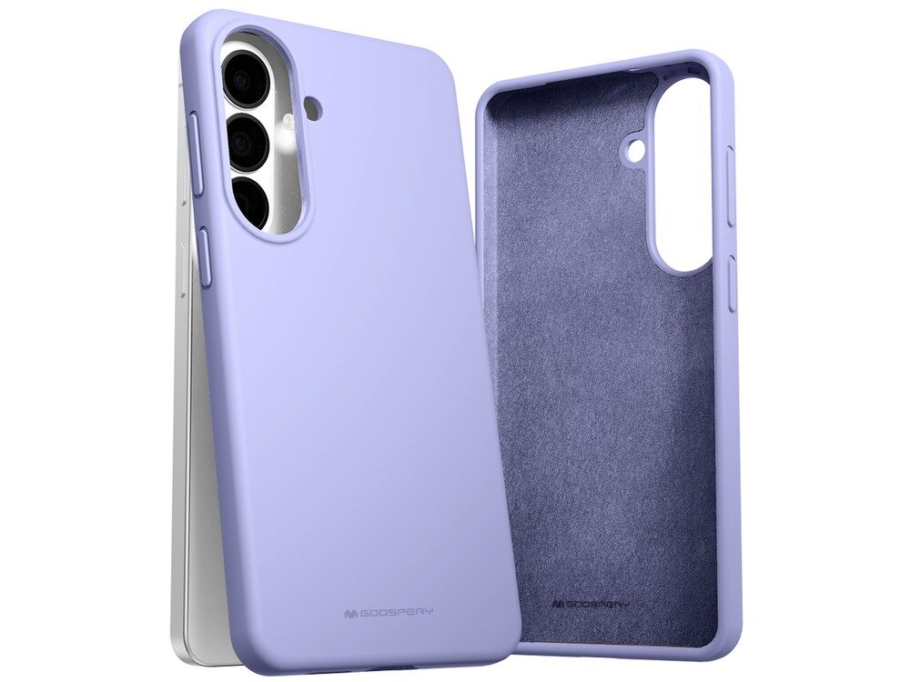 Na obrazie widoczne jest lawendowe etui na telefon z trzema wycięciami na aparaty. Na dole etui znajduje się logo \'GOOSPERY\'.