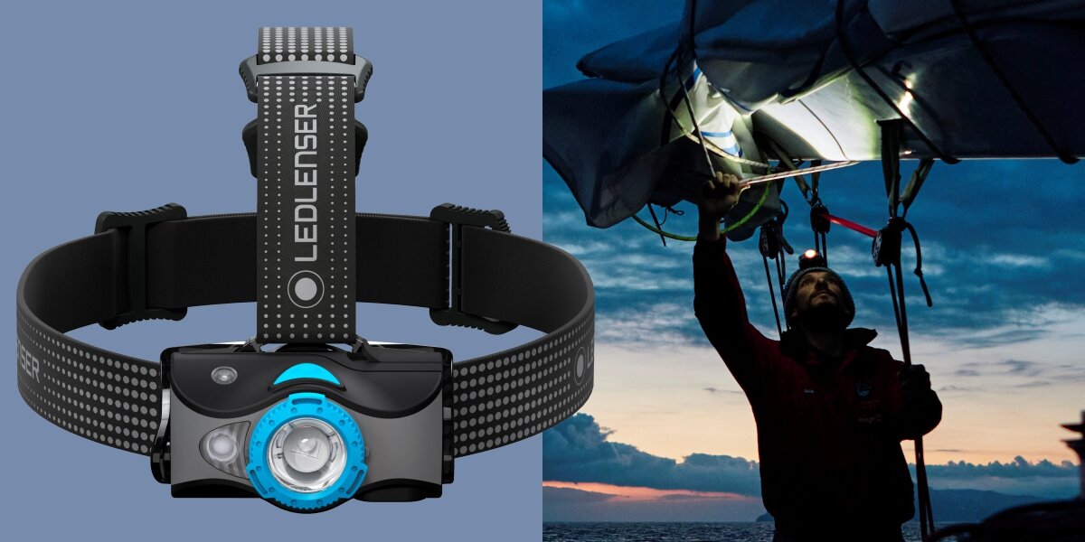 Latarka LEDLENSER MH7 Czarno-niebieski, Warunki, Zdjęcie latarki, obok mężczyzna obsługuje sprzęt