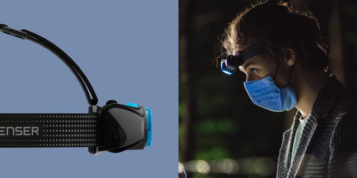 Latarka LEDLENSER MH7 Czarno-niebieski, Technologia AFS, Mężczyzna spogląda w dół z latarką na czole