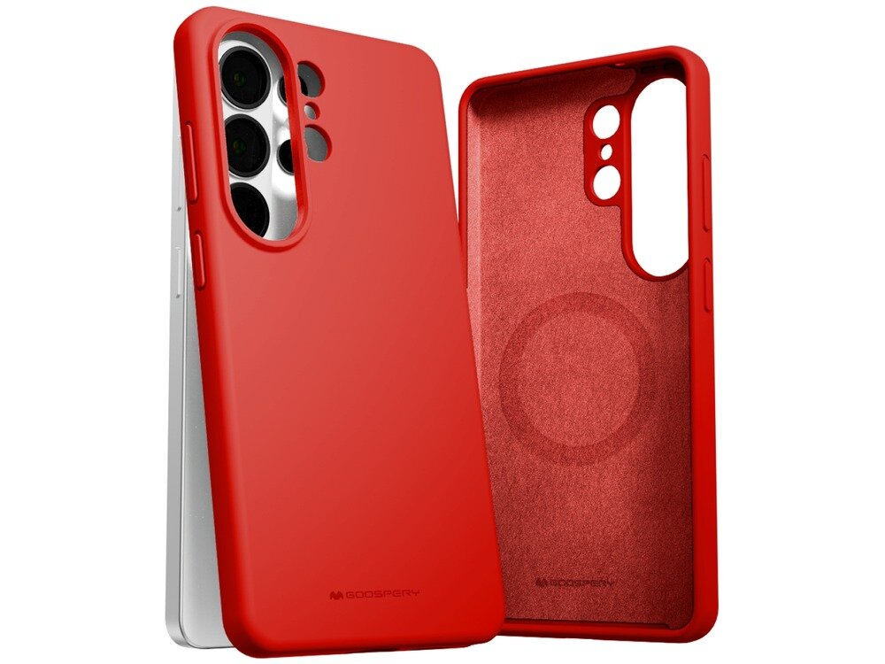 Czerwone etui silikonowe z wycięciami na aparat i przyciski, widoczne z przodu i z tyłu. Na etui znajduje się logo \'GOOSPERY\'.