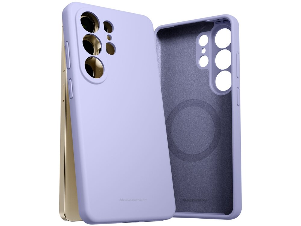 Etui w kolorze lawendowej szarości z wycięciami na aparat i przyciski, widoczne z przodu i z tyłu. Na wewnętrznej stronie znajduje się okrągły wzór, a na dole napis \'MERCURY\'.