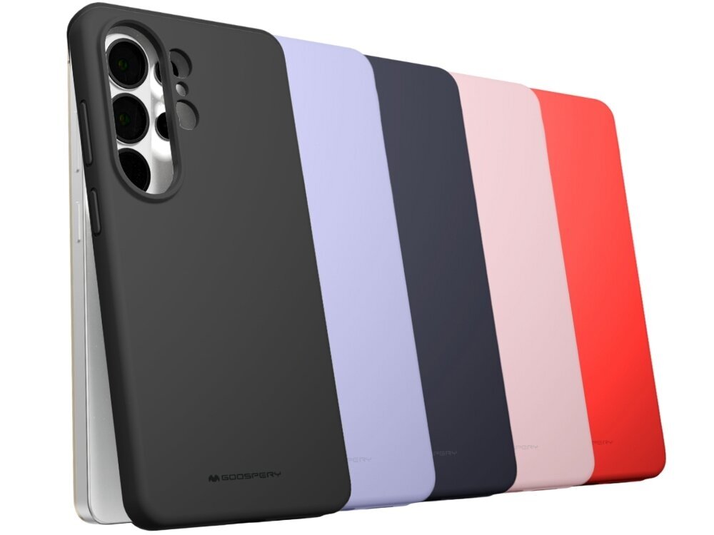 Na obrazie widoczne są etui na telefon w pięciu kolorach: czarnym, fioletowym, granatowym, różowym i czerwonym. Na czarnym etui znajduje się logo \'GOOSPERY\'.