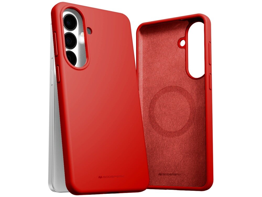 Czerwone etui na telefon z trzema wycięciami na aparaty i przyciski boczne. Wewnątrz widoczny jest okrągły wzór, a na zewnątrz logo producenta \'MERCURY\'.