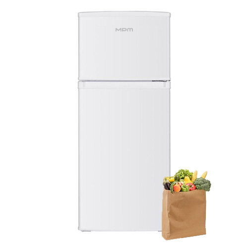 Lodówka MPM-125-CZ-08/E, obok papierowa torba wypełniona owocami i warzywami.