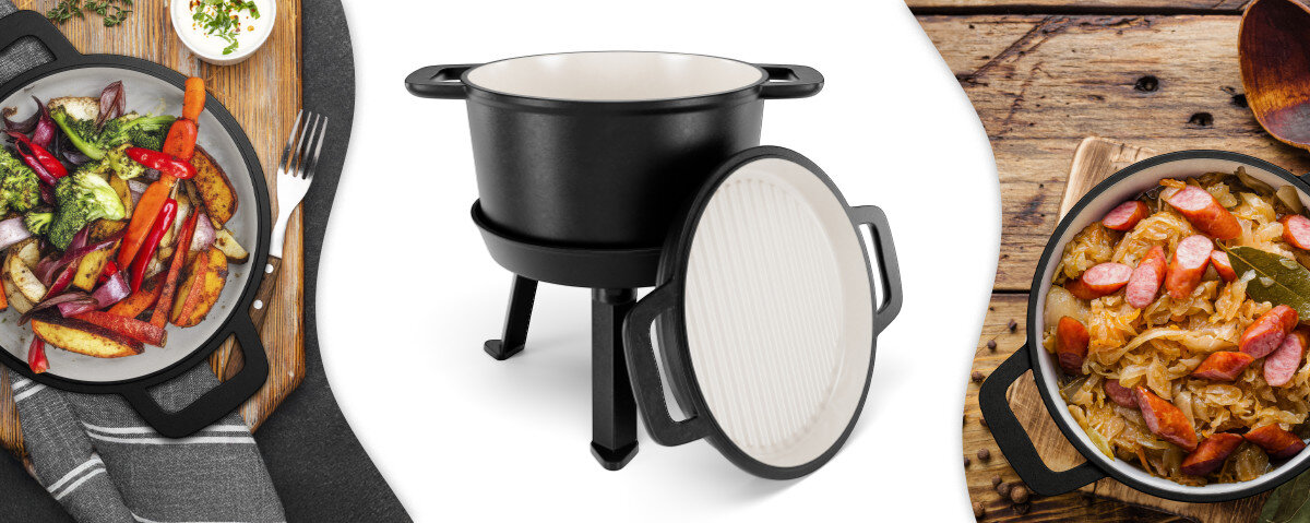 Kociołek na ognisko KOLER KEM-44 3L, garnek, żeliwny, 3w1, Koler, Czarna garnek grillowa z białą pokrywką o rowkowym dnie, czarną pokrywką szczelną i uchwytami