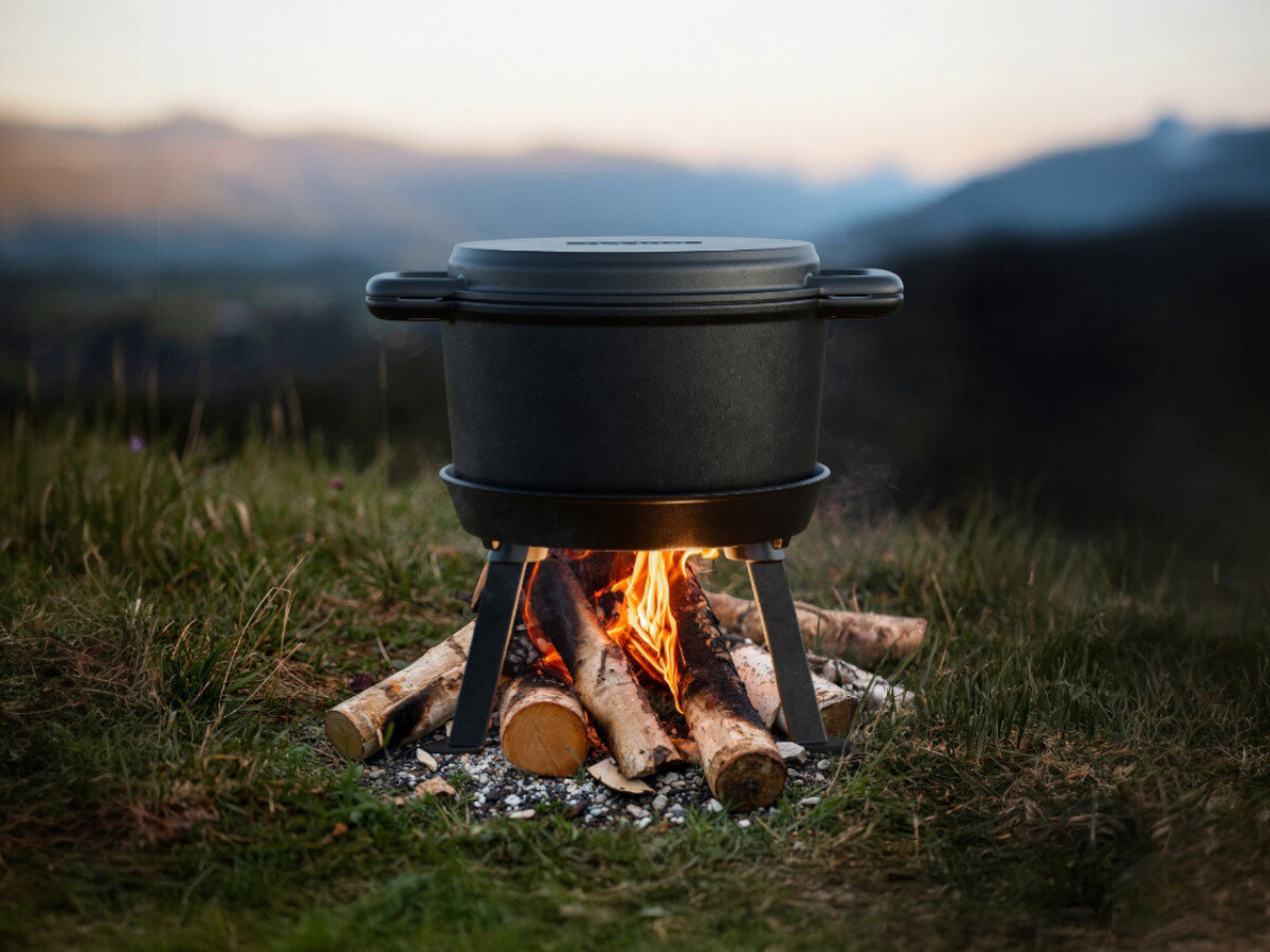 Kociołek na ognisko KOLER KEM-44 3L, garnek, wszechstronny, stojak, pokrywka, do gotowania na świeżym powietrzu: czarny stojak na trzy nóżki, biała patelnia grillowa z uchwytami i czarny garnek z pokrywką.