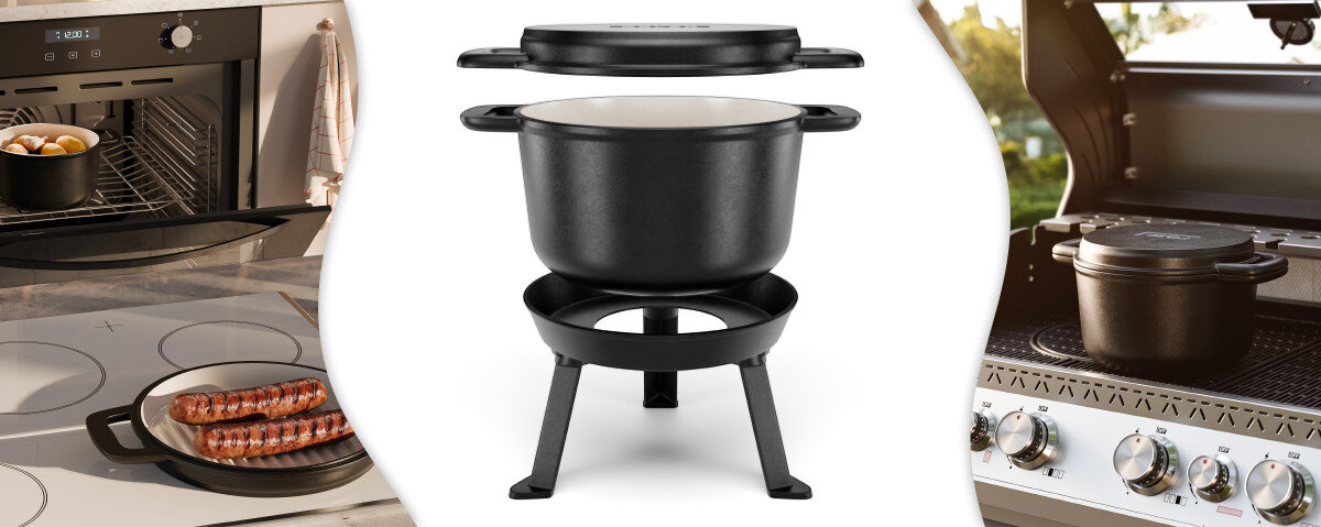 Kociołek na ognisko KOLER KEM-44 3L, kuchenka, indukcja, emalia, nagrzewanie, Kociołek na nóżkach z białą patelnią grillową i czarnym garnkiem z pokrywką – zestaw do stabilnego gotowania nad ogniem lub na palniku.
