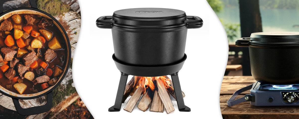 Kociołek na ognisko KOLER KEM-44 3L, ognisko, grill, trójnogi, stabilny, gulasze w czarnym garnku na ognisku, kuchence gazowej i grillu, z pokrywkami i stojakiem