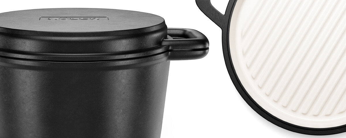 Kociołek na ognisko KOLER KEM-44 3L, żeliwo, trwałość, emaliowane, przewodnictwo, czarny garnek na stojaku nad ogniskiem w piekarniku, na grillu i kuchence z potrawami jak kiełbaski i gulasze